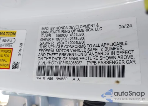 2024 Honda Accord Ex from USA, damaged, VIN 1HGCY1F31RA065087